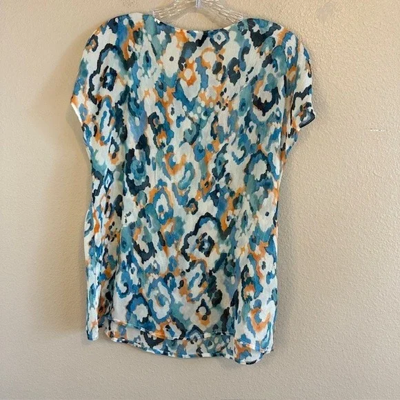 Tommy Bahama Women's Blue Orange White Abstract Print Sheer 100% Silk Blouse SM - Picture 7 of 7